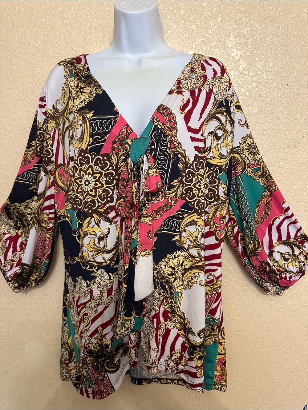 Women’s Printed V-Neck Tie Front 3x Blouse - Multicolor